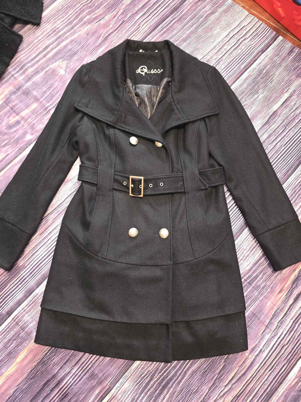 Guess Double-Breasted Black Wool Coat with Belt